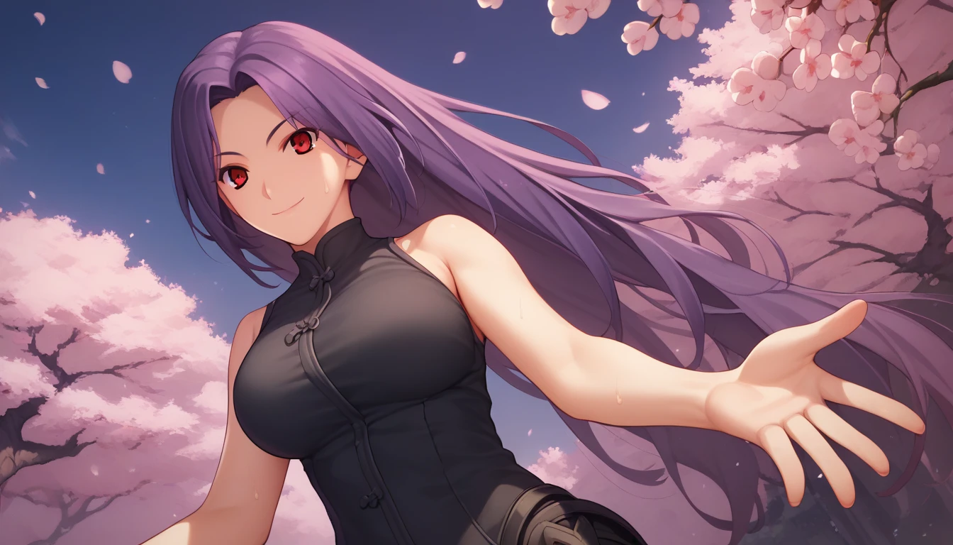 Score_9, Score_8_up, Score_7_up, One girl,smile, Hirokazu Koyama ,Cowboy Shot,Sweaty,sexy,Pixel Perfect,Large Breasts,Anatomically correct, masterpiece, Very detailed,Outdoor,8k, (background,Cherry Blossoms at Night,Detailed),(Fits your body,Black rider suit,Sleeveless),Spread your arms,Composition looking up from below,Look at, A seductive smile, sexy, Red eyes, ( Long Hair, Purple Hair, Parted bangs, ),