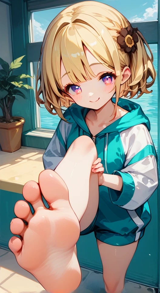 score_9,score_8_up,score_7_up,score_6_up,score_5_up, swim suit, indoor swimming pool hall,,Mami Nanami from Rental Girlfriend, blonde-beige hair, Solitary, indoors,barefoot,Foot Focus,hypno feet, hypnotic feet, Mami Nanami from Rental girlfriend tries to hypnotize viewer with soles of feet, possessive, mind control, brainwash, 3D Rendered Anime style, short hair, standing and show foot,shanding and show sole,standing on one leg,foot focus,sole,barefoot,no shoes, young soles, smug, yellow soles