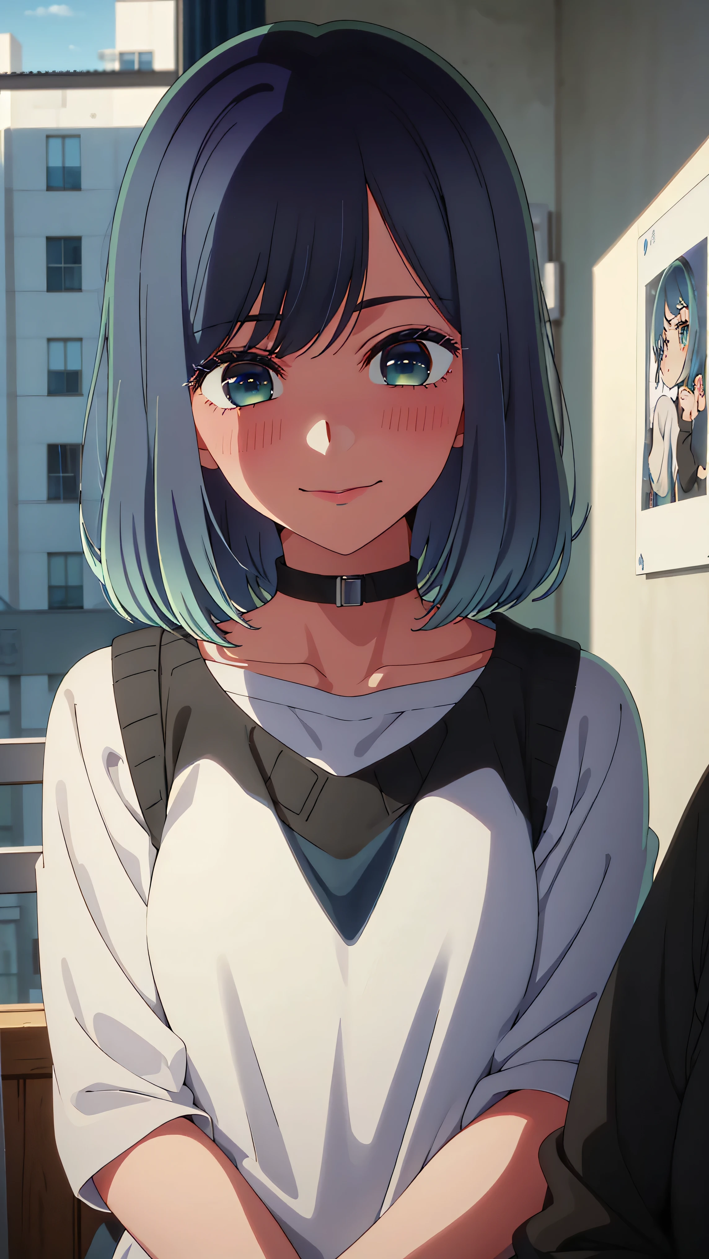 masterpiece, best quality, medium long shot, 1 girl, alone, smile, blushing, beautiful, detailed face, detailed eyes, casual clothing, blue hair, short hair, looking at viewer, green eyes, short hair, faded hair, eyes blue, bold body expression, bedroom background