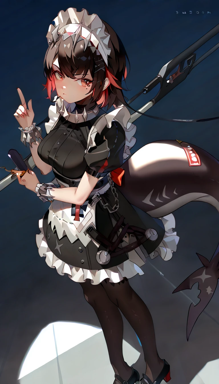 1girl, Ellen Joe, maid, shark tail, (shark girl:0.5), 1girl, red eyes, tail, pantyhose, multicolored hair, black footwear, short sleeves, apron, wrist cuffs, maidheaddress,
, looking at viewer, dutch angle, cowboy shot