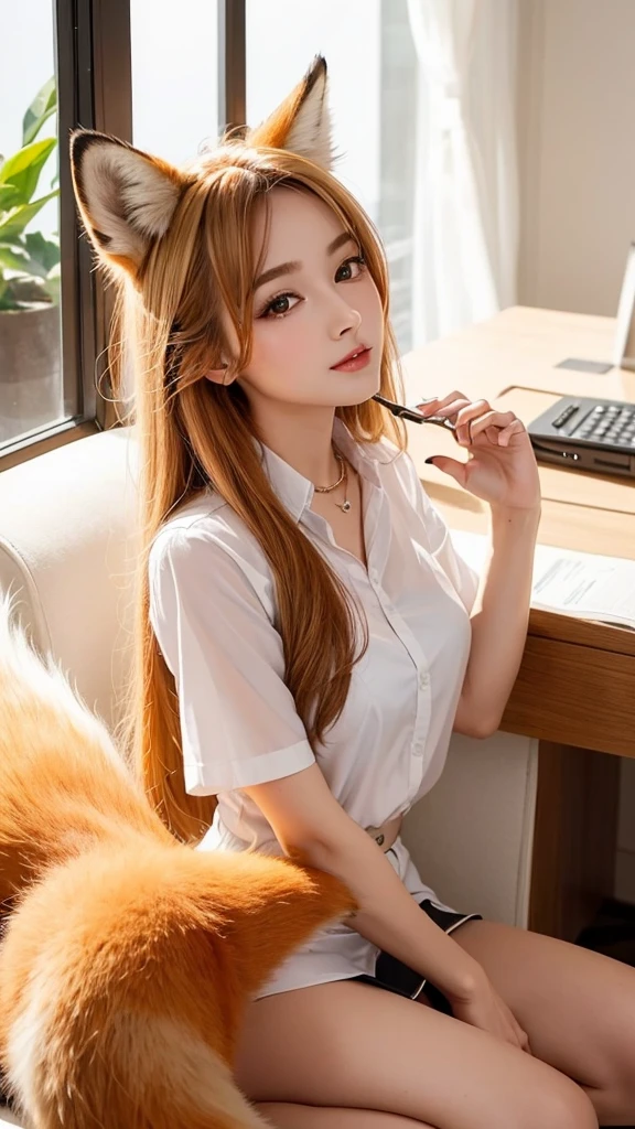 ((Highest quality)), ((masterpiece)), (Familiar), Perfect Face, fox lady, Pretty girl, Fox Ears, Fox tail, She has a northern fox tail, She wags her fluffy tail, She is a pretty office worker., Beautiful hip line, Thick thighs, Big tail, The tail grows out of the skirt, Nice body, Shyly staring at his tail, Only one tail, a shy face
