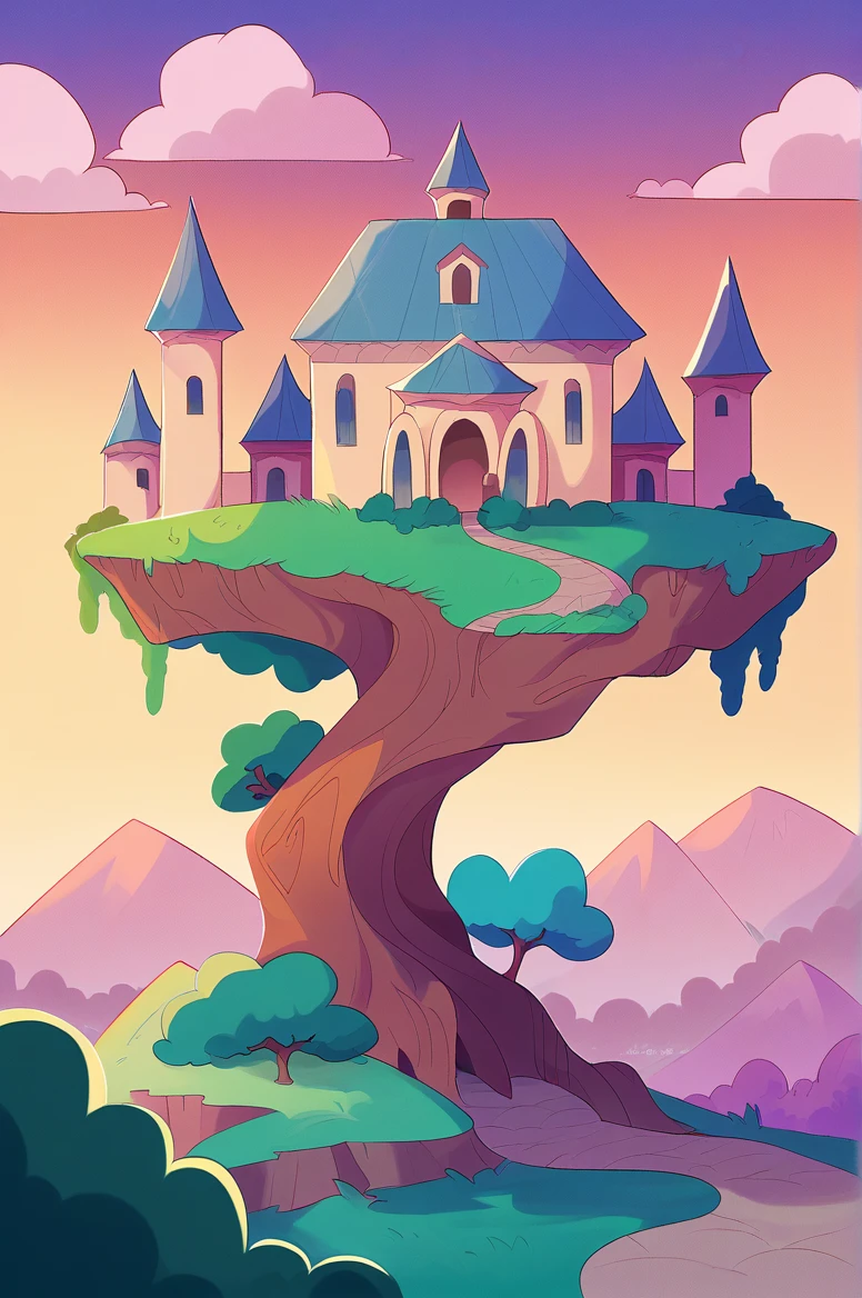 Silvestre Jr. (character, video game, Looney Tunes), in musketeer costume, in a green paradise, trees, pink leaves, falling down, a high mountain, with rock path to a castle, artistic background, sunset and clouds.