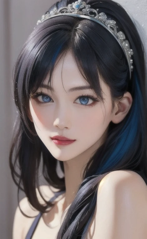 masterpiece, best quality, ultra-detailed, illustration, black hair, long hair, blue eyes, 7 girl, prom dress, short dress, beautiful face