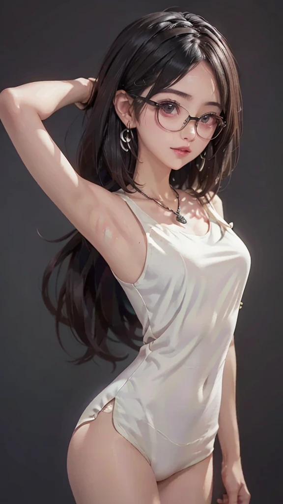 Not fit for work, young, anime girl, glasses, black hair,blows, without underwear, short hair, skull earrings, black skull cap, open clothing, horsetail, Medium layer hair, big breasts, high quality, armpits, looking at the viewer, black background, heart necklace, medium shot, tempting