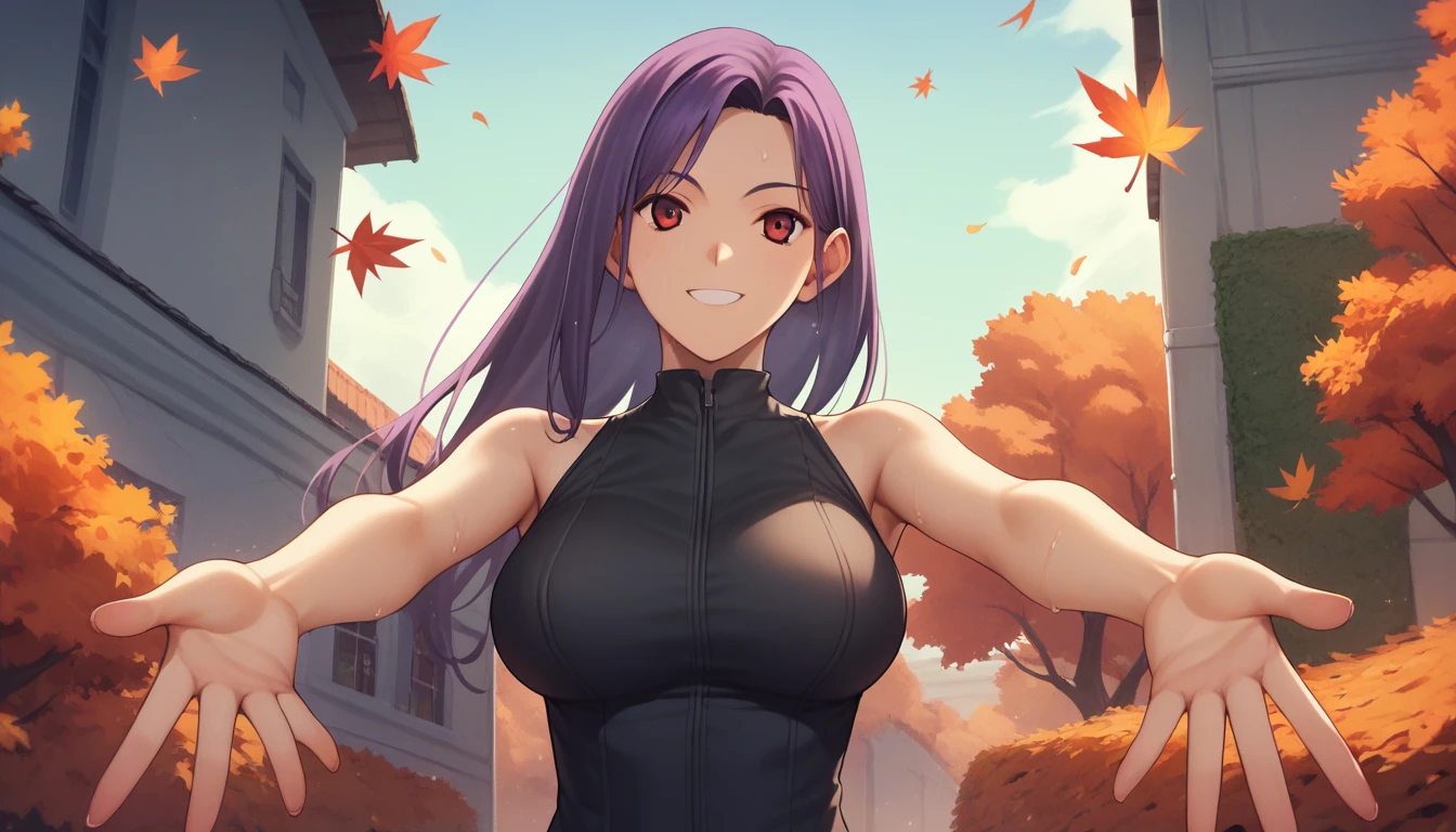 Score_9, Score_8_up, Score_7_up, One girl,smile, Hirokazu Koyama ,Cowboy Shot,Sweaty,sexy,Pixel Perfect,Large Breasts,Anatomically correct, masterpiece, Very detailed,Outdoor,8k, (background,autumn leaves,Detailed),(Fits your body,Black rider suit,Sleeveless),Spread your arms,Composition looking up from below,Look at, A seductive smile, sexy, Red eyes, ( Long Hair, Purple Hair, Parted bangs, ),