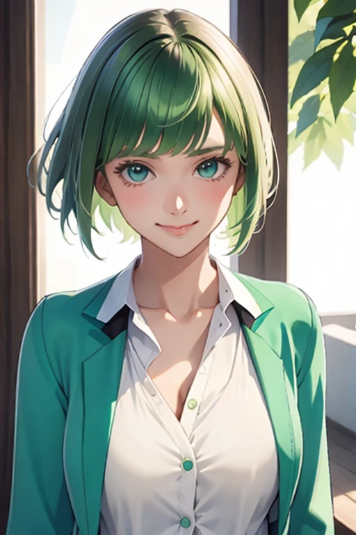 big bangs,beautiful bangs,green hair,Emerald hair,short hair,short hair,bright face,upper body up,chest up,business woman,intellectual,smile,green jacket,white shirt , laughter,drooling eyes, alone,Flow of hair that extends to the face,Big light blue eyes shine charmingly,green one piece,eyeliner,Shining white skin,