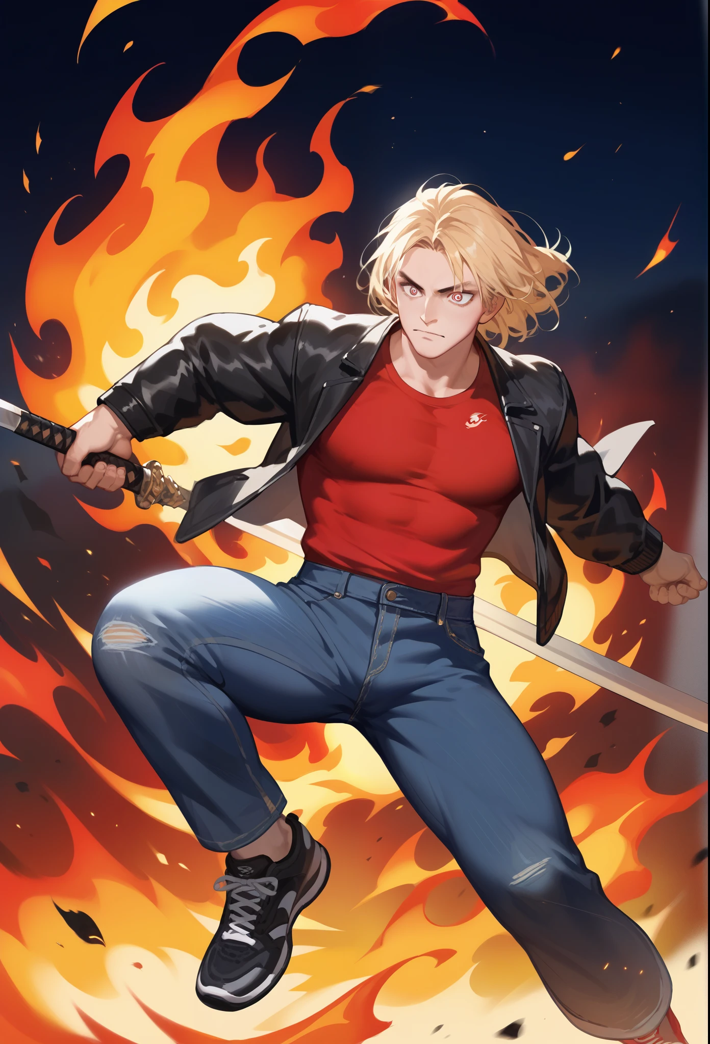 , score_9,score_8_up,score_7_up, mature men, Bright eyes, medium hair, blonde hair, wearing a black jacket and red shirt, jeans pants, sports shoes, Bearer a long blade, black flame on his hands, action painting