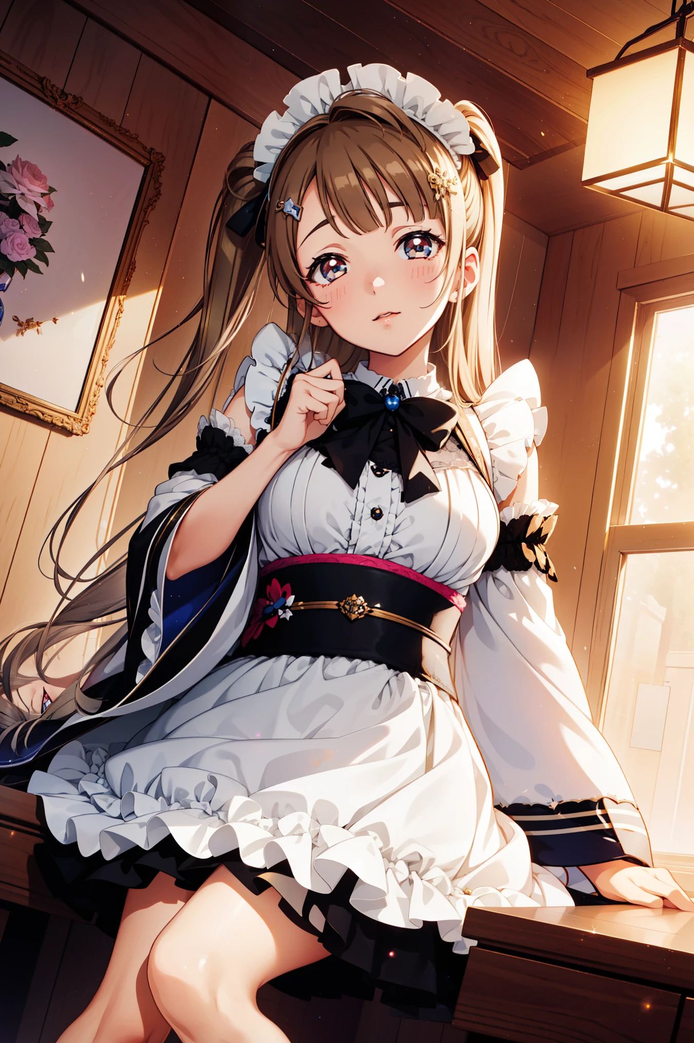 Minami Kotori, one side up,Head decoration，Masterpiece quality high resolution, Unity 8k wallpaper, illustration, Delicate eyes, Rich facial details, Highly detailed CG, Glossy lips, Light makeup,Lace，Transparent fabric，Transparent Clothes，Japanese maid outfit，Overturned kettle，Water everywhere