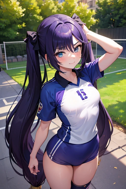 masterpiece, best quality, ultra detailed, 1girl, mona, blue eyes, hair between eyes, twintails, very long hair, purple hair, (small breast:1.2), volleyball uniform, standing, arms behind head, light smile, mansion, backyard, outside, perfect body, perfect hands
