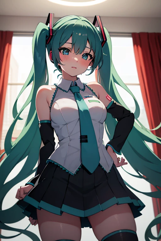 Busty Hatsune Miku blushing and spreading her legs in wet clothes in a hotel room