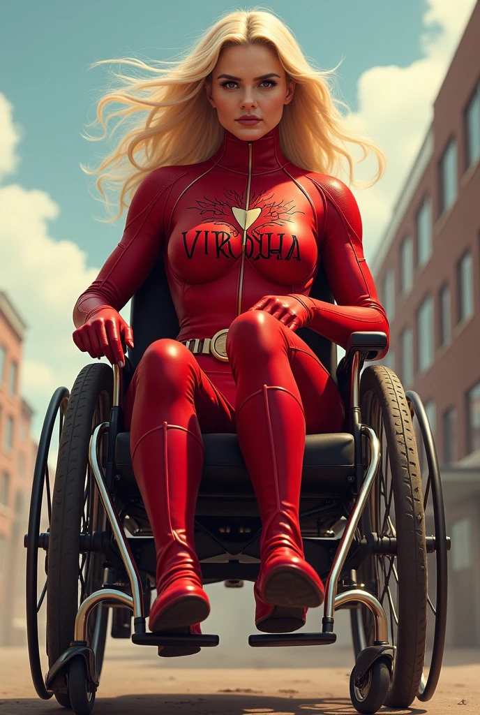 Super strong blond haired villainess in a white skintight costume with pink lace ribbons wrapped around. Holding a human heart in her hand. Casually killing men, lots of blood and bodies.