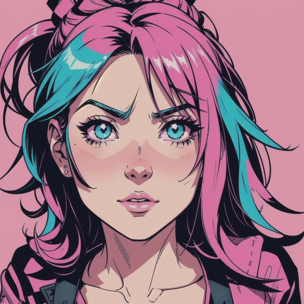 Generate an anime-style image of a cute girl set in a neon noir aesthetic. She should have bright, expressive eyes and stylish hair, with a pink background that enhances the vibrant colors. Incorporate a texture of noise and scratches to give the image a vintage, gritty feel. Aim for a balance between cuteness and the edgy vibe of neon noir.