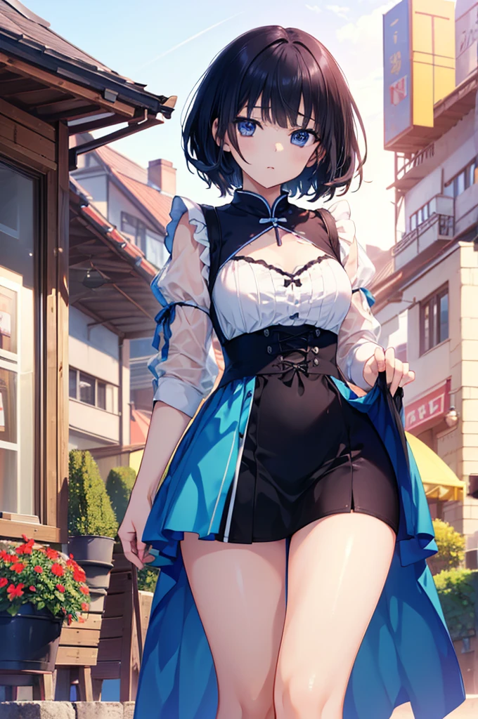 Anime style beutiful woman, 1girl,fullbody, happy, (with sparkling eyes and a contagious smile:1.2), red face, closed mouth, beautiful detailed eyes, super detailed skin, backlighting, bare shoulders, black background, black dress, black gloves, black hair, breasts, dress, earrings, fingerless gloves, floating hair, floral print, flower, gloves, gold earrings, gold hairband, hair flower, hair ornament, hairband, holding, holding weapon, jewelry, small breasts, long hair, looking at viewer, off-shoulder dress, off shoulder,red eyes, short hair with long locks, sidelocks, solo, spikes, thighs, two-sided dress, two-sided fabric, weapon, fighting stance , face, close up, from brlow, highest quality, high resolution,Real World, Natural light,perfect Natural light,looking at viewer,