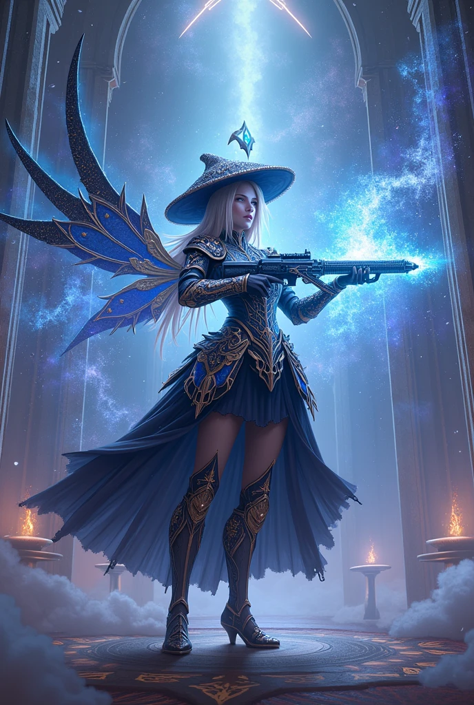 The chimera lion has a body of blue flames, its entire body has an aura of mist, it has angel wings, behind it there is a silhouette of a person carrying a scythe, made in the style of painting, digital drawing,