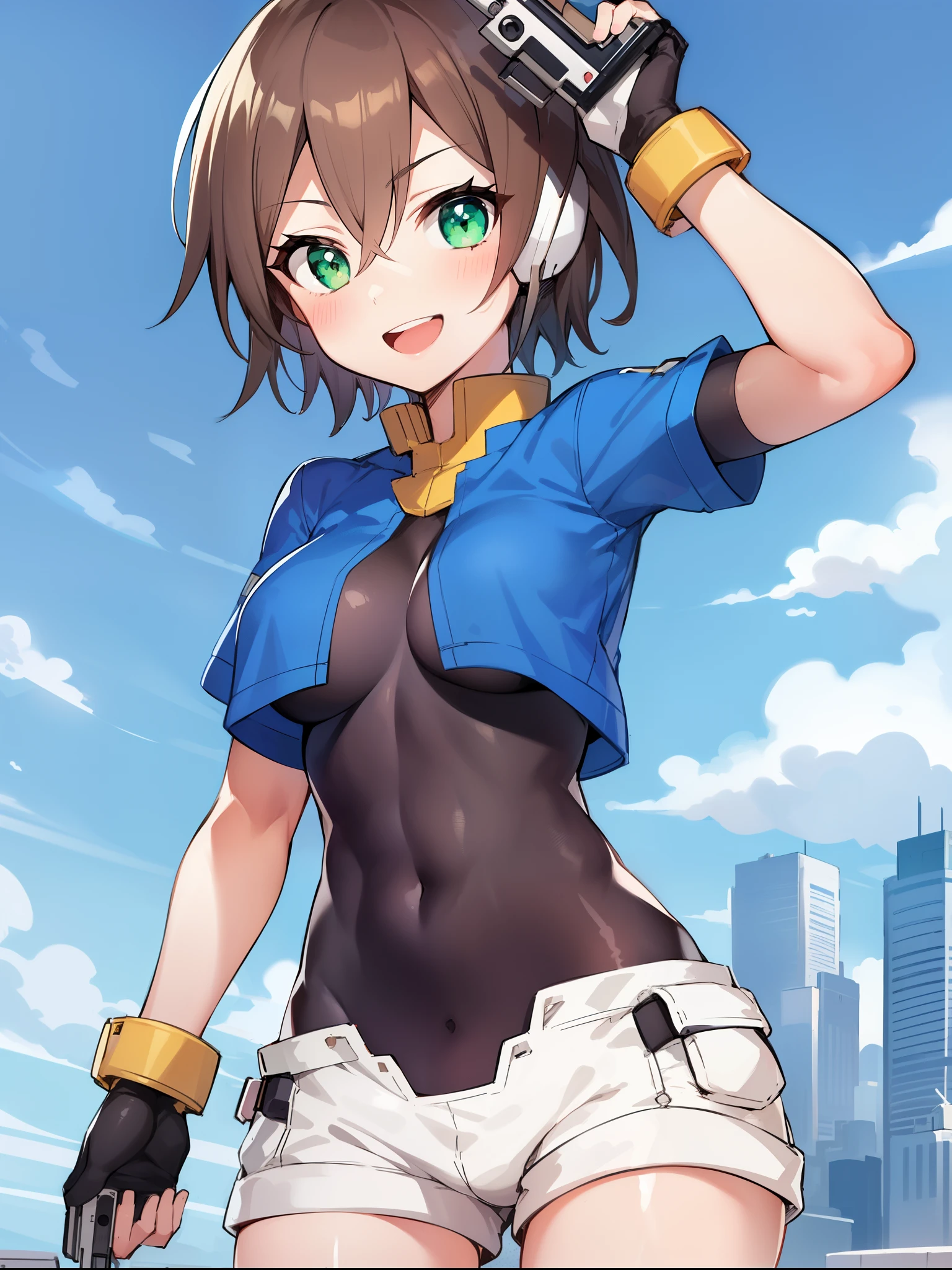 aile_megamanzx,  , 1girl, solo, short hair, brown hair, short sleeves, (bodysuit), robot ears, green eyes, short_shorts, short sleeves, short over long sleeves, smile, in futuristic city, , high quality, medium_breasts,crotch, slouch,handgun,aim