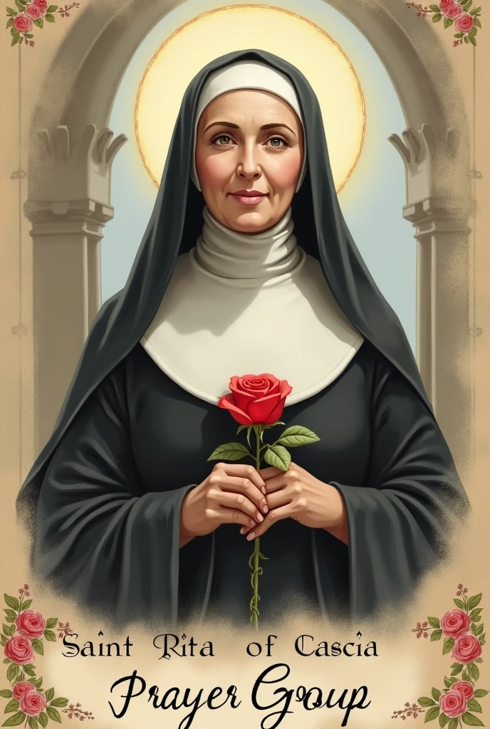Drawing of Saint Rita of Cassia with a rose with the phrase written on ...