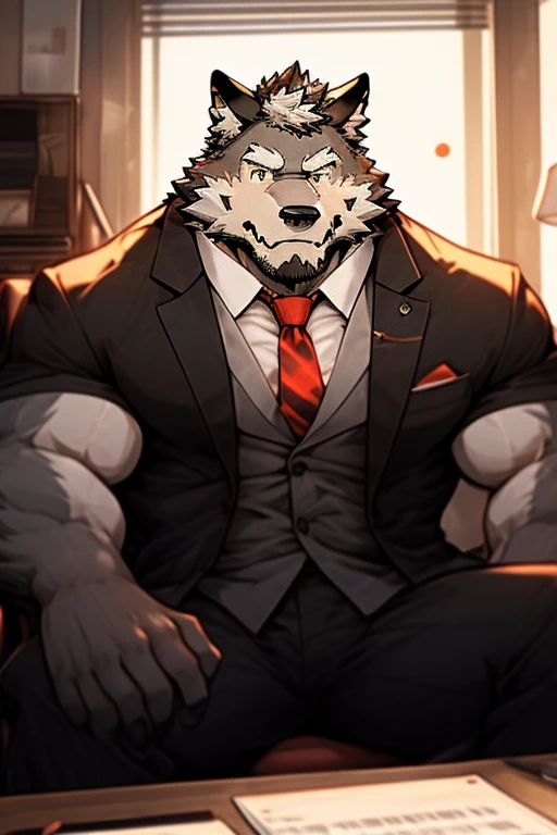 A Very Muscular Kemono Furry Style Gray Wolf. He is wearing A Suit with red tie. he is sitting on a chair doing his work on his laptop on his desk. he is looking at the viewer. he is in his very small apartment room. there is a lamp beside his work desk. his one hand is typing while his other hand is holding a cup