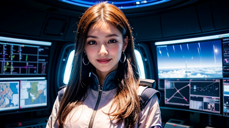 A 40-year-old captain with short, softly layered brown hair with a slight pink hue at the tips. She wears a sleek, silver futuristic uniform and stands in the command room of a spaceship, surrounded by navigation panels glowing blue and a large window displaying the vastness of space with stars shining ahead. She has a confident smile and sapphire earrings, exuding leadership and calmness as she guides the ship on its course.