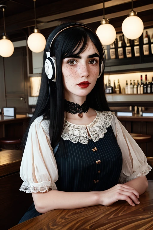 a woman with long flowing black hair, piercing eyes, a prominent unibrow, rosy cheeks, wearing headphones, wearing a Victorian-style vest and lace collar, sitting in a nighthawks diner, (best quality,4k,8k,highres,masterpiece:1.2),ultra-detailed,intricate details, striking colors, dramatic lighting, stallintheunicow, brushy, painterly girl sipping smoothy, red, black, white, long black hair, bangs, unibrow, thick eyebrows, freckles, big nose, aquiline nose, hairband, dress, stripes, big ears, girl, rosy cheeks, red lips,stallintheunicow aoife