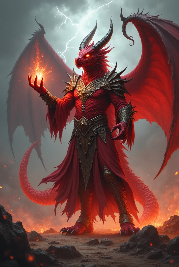 A dangerous red dragon walking in fire wearing Ninja costume katana in the back