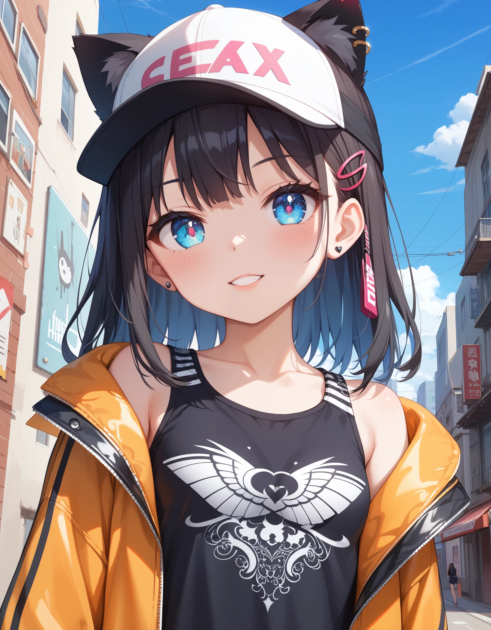 score_9,score_8_up,score_7_up, source_anime,masterpiece,best quality,ultra detailed eyes,high-detailed,(close-up),
1girl,cute_face,thin,petite,Girlish body type,poor_stature,small_breasts,
youthful designs,fashionable,streetwear style,urban clothing,casual accessories,edgy designs,intricate clothes,fashion cat ear cap,oversized clothes,graphic prints,
street graffiti,