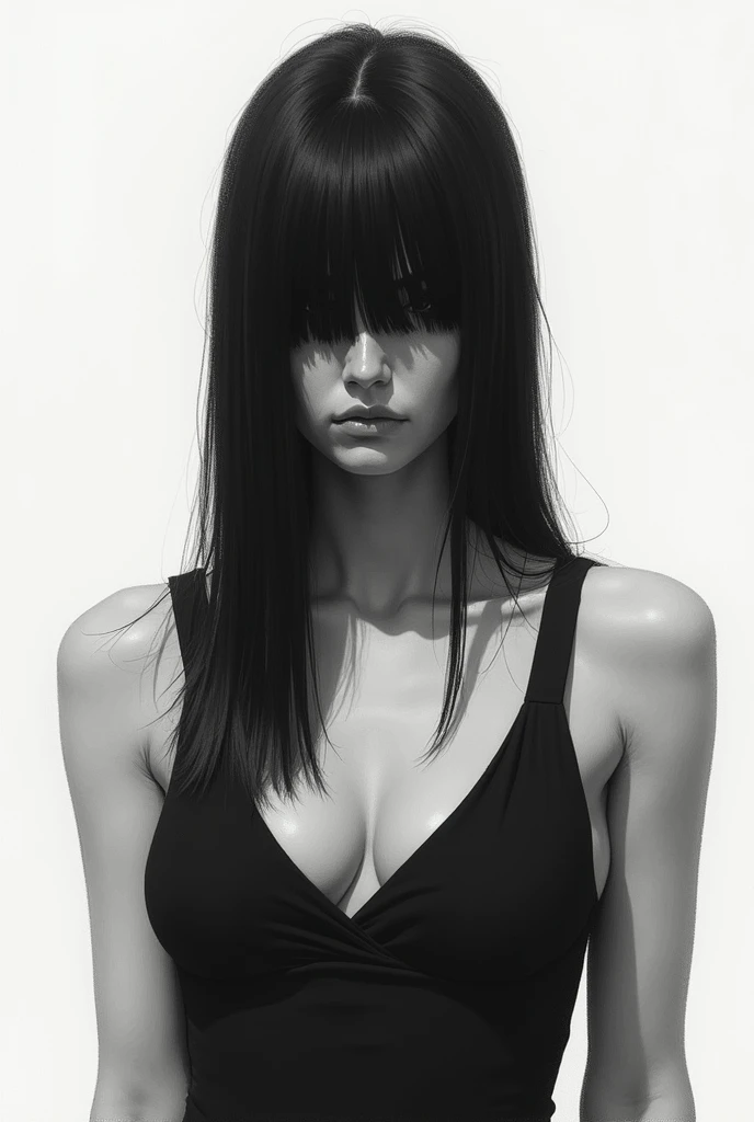 woman, (detailed skin), (ivory white skin), (perfect face), defined jawline, beautiful lips, (somber expression), (beautiful bright grey eyes), (long straight black hair, straight bangs), (perfect anatomy), (athletic body), (sexy) (black bikini), (medium shot photograph), (blank white background), (black and white monochromatic photograph), realistic, grey scale
