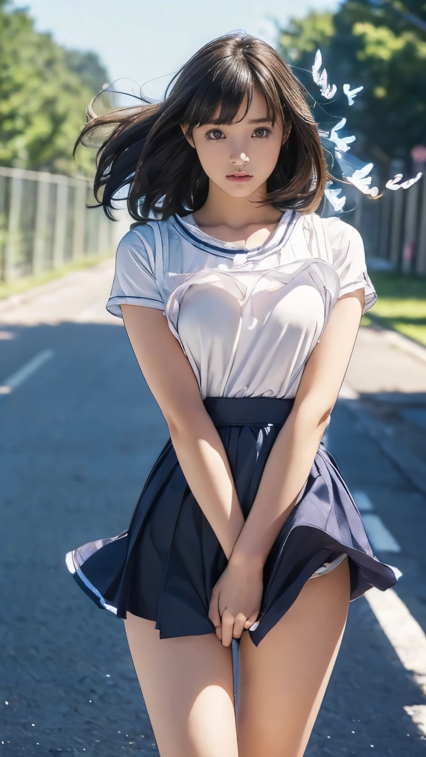 (((Innocent and cute ))), (The strong wind made her skirt flutter:1.4), ((I can see your underwear:1.5)), Beautiful bob hair, Immersion, Beautiful eyes, Ultra-high resolution, ((Thin thighs:1.3, Inner thigh:1.4)), Slender body lines, ((Tight waist:1.2)), (Japanese Idol, Baby Face, beautiful girl)t anatomical structure:1.2), Beautiful breasts, (Highest quality、Highest quality、masterpiece、Ultra-high resolution、Reality:1.37), (Detailed eyes and face:1.3、Professional photography technology)、(Good Hand、The right action:1.1)、((Beautiful hair and skirt fluttering in the wind:1.4))