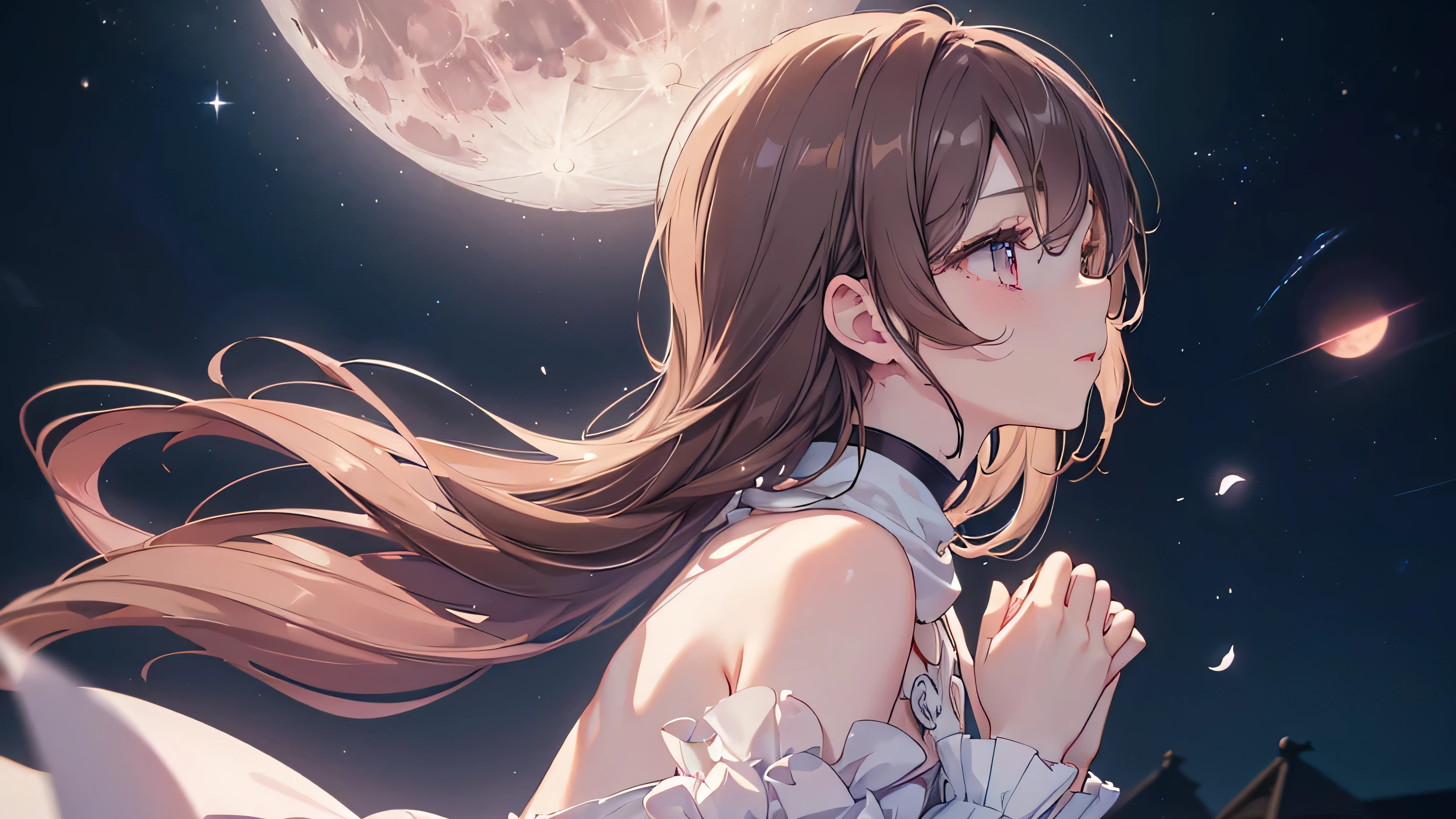 (((Highest quality、Silhouette Art,masterpiece、Ultra-fine、Ultra-fine、Exquisite、16k,cute,Looking up at the moon,Brown Hair,profile,Face of despair,Delicate eyes,Delicate hands,Full HD,))), ((One person,cute,Long eyelashes、White skin、)), (Pale pink lips、Pale pink cheeks、Thin and long)、((Looking for warmth、Reach out )), (One person) 、 3D Rendering、Studio Lighting、Very detailed、Cinematic