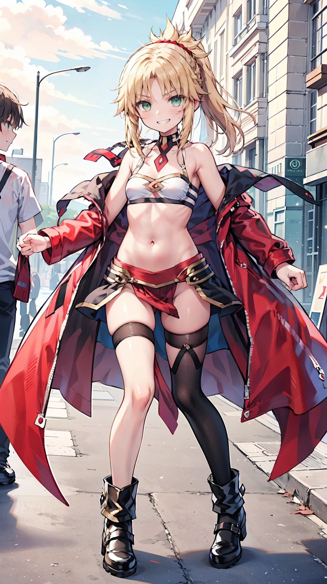 Masterpiece, Best Quality, illustration, city street, 1girl, Mordred \(fate\), collarbone, Detailed blond hair ponytail braid, green eyes,, White_tubetop ,pelvic_curtain,navel,thigh-high,grin,(covered_nipples:0.6),skiny,evil_smile,solo,boots,thigh-highs,groin,wristband