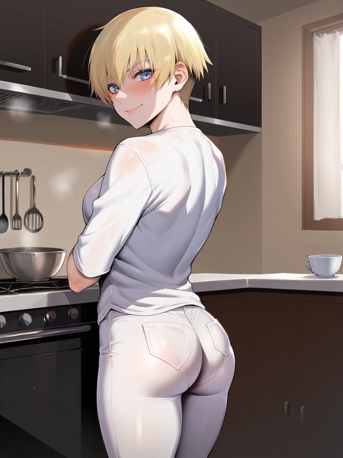 ((best quality)), ((masterpiece)), (detailed), ((realisitic)),((detailded)),((good resolution)) 1 adult woman, short blonde hair, aretes, eyes browns, milf, social shirt, short tight black skirt, kitchen, backview, in this, sexly, mommy, in this amostra, NSFW, rich in body details