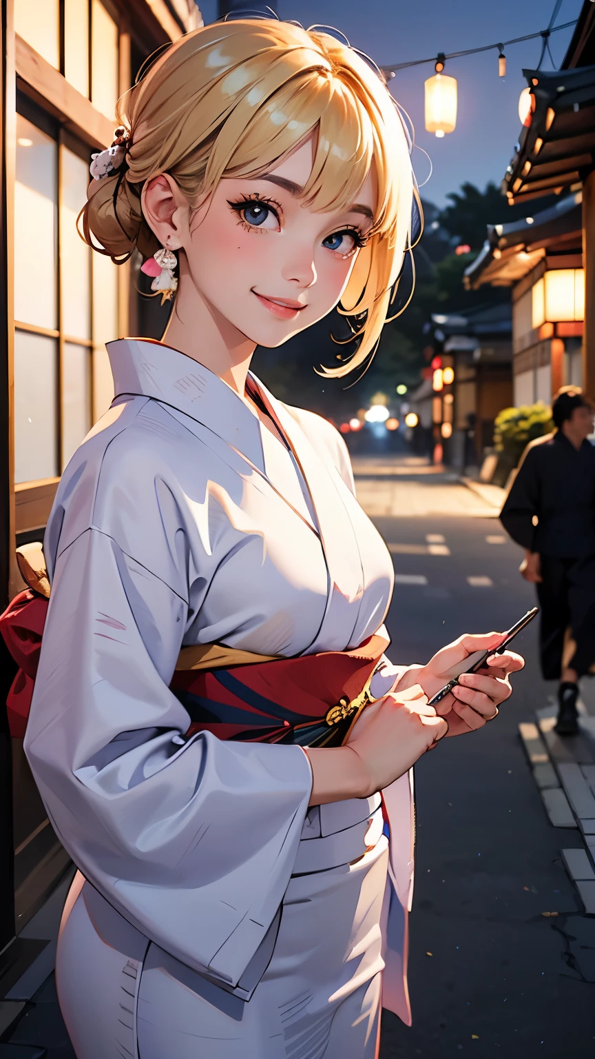 ginger girl wearing a floral kimono, revealing her curves, cleavage, firworks in background, (showing middle finger:1.0), middle finger, big breasts, new years eve on a pier at night,