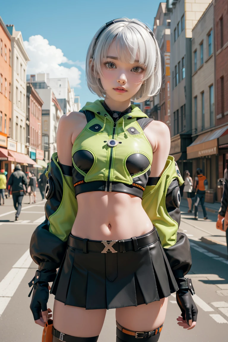 Anubidemara, Anbi Demara, (orange eyes:1.5), short hair, white hair,
Take a break bare shoulders, black glove, black skirt, black thigh high, fingerless glove, glove, green jacket, earphones, jacket, navel, skirt, abdomen, thigh high,
Take a break outdoors, city, abdomenฟ้า, cloud, sun, building, crowd, population, alley,
Take a break looking at viewer, (cowboy shoot:1.5),
Take a break (Masterpiece:1.2), best quality, high resolution, Harmony wallpaper 8K, (illustration:0.8), (Beautifully detailed eyes:1.6), Very detailed face, perfect lighting, The CG is very detailed., (perfect hand, perfect anatomy),