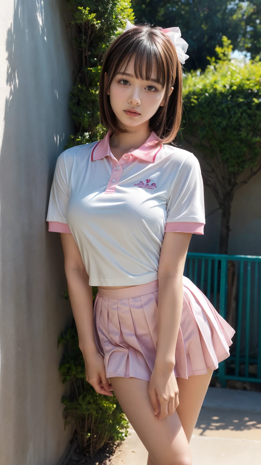 NSFW、Whiteware、pink miniskirt、Golf Wear、Sports Inner、pose sensual、Squatting panty shots、Do not hide the lower body、(8K、top-quality、​masterpiece:1.3)、Brown Medium Layer Cut Hair、The best smile、Professional Writing、Photography Studio、white backgrounid、(Balloons are flying:1.4)、