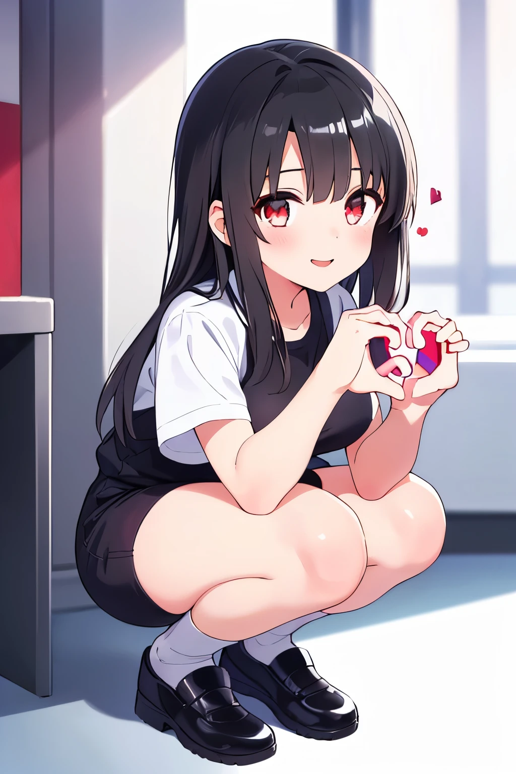 master,piece,best quality,Small and cute 、、Black Hair、Bob Hair、smile、((Black frilly pinafore skirt)),Seating inside the cafe、sit、Slender body、Thin legs、Small breasts、Flat Chest、((((Embarrassed、Embarrassed、Red face、Eyes are hearts、orgasm、Sigh、Sweat))))