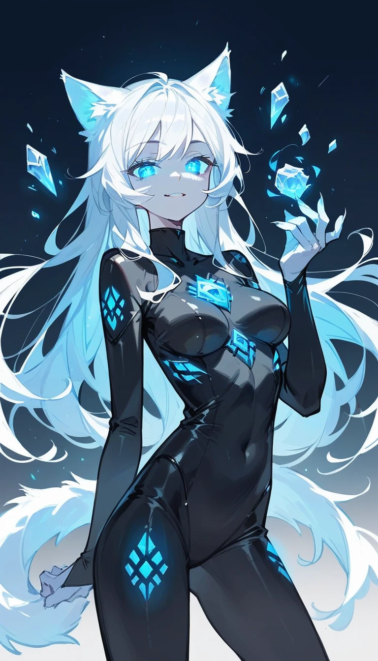 1 catgirl, solo, long white hair, blue glowing eyes, sexy, slender body, black leather fullbody suit, breast, pale skin, seductive smile, powerful pencil sketch, portrait, ice magic