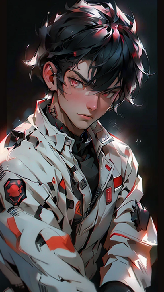1 male (tall man, slim, manly, dominate, messy black-haired, wearing a sci-fi space outfit.) best quality, ultra-detailed, illustration, complex, detailed, extremely detailed, detailed face, soft light, soft focus, perfect face, illustration, full body pose, tight outfit. 