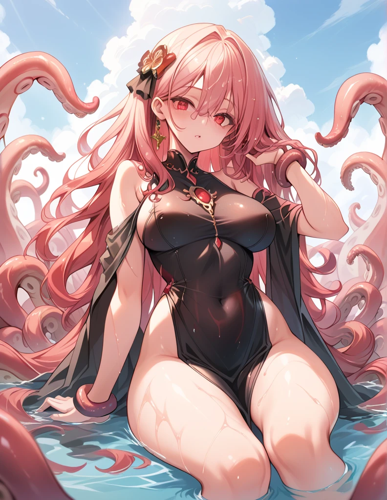 (((Wet white dress、Pink tentacles crawling over my skin、Tentacles approaching the crotch)))、((((Many thick tentacles wrap around the limbs and restrain them.))))、((Petite and cute、Slightly thick body、Soft belly、Large Breasts、Thick legs、Leg spread))、((Grimacing, closing your eyes、Mouth slightly open and panting、Trance、Blushing))、(Wet Skin)、Waterside in the cave