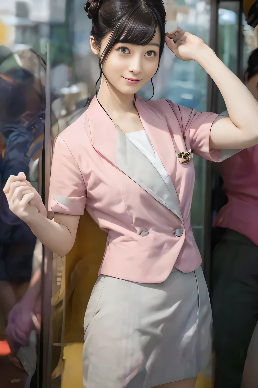 (masterpiece:1.2, Best Quality:1.2), 32K HDR, High resolution, (Alone、1 girl)、（On the roof of a building during the day、Professional Lighting）、Building rooftop background、（Nankai train crew uniform pinkを着たリアルスタイル）、（Nankai Railway crew uniform, pink, short sleeve, collarless, pink jacket、Nankai Railway crew uniform pink no-collar short-sleeve blouse、Nankai Railway crew uniform pink grey knee-length culottes）、（（The bottom of the pink short-sleeved jacket cannot be tucked into the clay-colored culottes..））、Dark brown hair、（Hair tied up、Hair Bun、Hair Bun）、Dark brown hair、Long Shot、Big Breasts、Thin legs、（（Great hands：2.0）），（（Harmonious body proportions：1.5）），（（Normal limbs：2.0）），（（Normal finger：2.0）），（（Delicate eyes：2.0）），（（Normal eyes：2.0））)、smile、（Nankai Railway crew uniform pink grey knee-length culottesを見せた美しい立ち姿）
