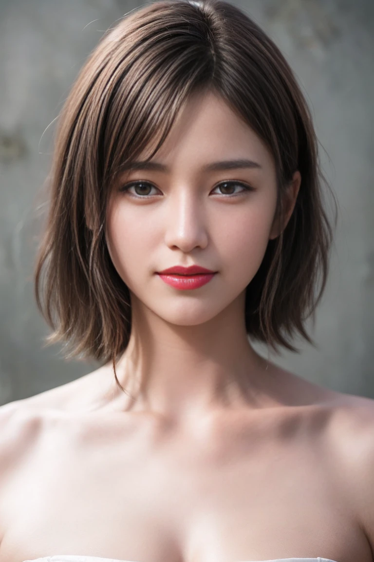 ((巨作、Top  Quality、high-detail))、(女の子1人)、(photorealestic:1.4)、独奏、((Nothing on a white background、Blank white background with nothing))、(the neck is long、Put your ears out、off shoulders、Shoulder out、Glossy skin)、closes mouth、Happy smile、Smile happily、pretty black hair、Short hair with bangs、big eye、Distinct double eyelids、Lashes、Put your ears out、long neck、long neck、Absolute Area、((Face Close-up))、(Put all your shoulders out)、19-year-old、Attractive proportions、Clean collarbone、The face of the golden ratio、Golden ratio、a perfect face、Tear mole、Mole on chest、bangs bangs、Clean bangs、Beautiful bangs、thin lips、White-colored skin、completely large breast、Small face、Smaller face、Draw all the heads、Put all your shoulders out、Staring at the camera slightly upwards、(Staring at viewer、Highlights in the eyes、Light brown eyes、lipgloss)