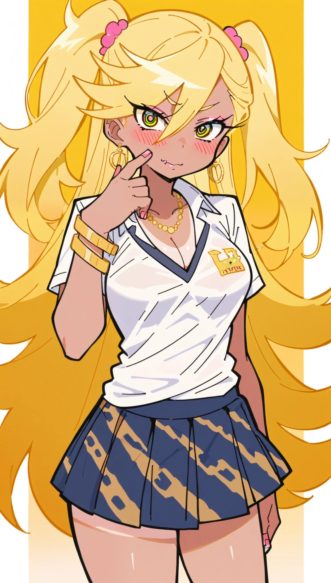 masterpiece, best quality, highres, p&s style, rating_safe, score_10,, ((sexy girl, gyaru)), bimbo, cute, suggestive, pale skin, glamorous, blushing, flushed face, yellow eyes, two side up blonde hair, tan lines, ((gyaru clothes, pleated skirt)),