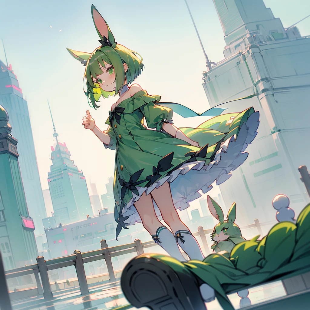 (long Green rabbit ears), green animal ears, (1 girl), green hair, green eyes, bob cut, thin eyebrows, shy, young, alone, Lolita, childhood, , short, off shoulder top, skirt, spats, dress, long boots, hair ribbon, in the city, tiny,y faceacademia, cel anime, Solo,