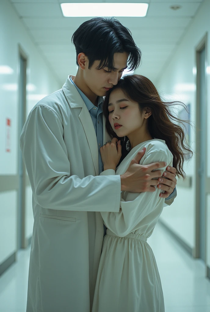 In the room, a handsome guy was hugging the female doctor tightly. they looked at each other lovingly
