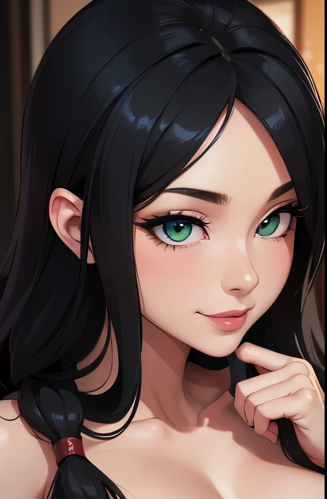 Realistic, a glamour shot of a shy Asian waifu with a wide smile (extremely long wavy black hair), hand on her chin, hard nipples, big ass, leaning toward the viewer, cowgirl pose, with Smokey eyeshadow and knowing smile, heavy eyeshadow and mascara, wearing an evening dress, underboob, side boob, insanely detailed face and green eyes, intricate, hyper-detailed bedroom, a romantic evening, digital illustration, masterpiece, beautiful eyes, atmospheric lighting, centered, perfect anatomy, glowing eyes, candid portrait, clear, very detailed, smooth, sharp focus, focused on the viewer