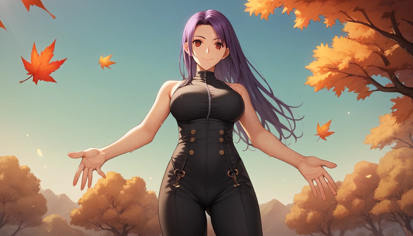 Score_9, Score_8_up, Score_7_up, One girl,smile, Hirokazu Koyama ,Cowboy Shot,Sweaty,sexy,Pixel Perfect,Large Breasts,Anatomically correct, masterpiece, Very detailed,Outdoor,8k, (background,autumn leaves,Detailed),(Fits your body,Black rider suit,Sleeveless),Spread your arms,Composition looking up from below,Look at, A seductive smile, sexy, Red eyes, ( Long Hair, Purple Hair, Parted bangs,Part your hair from the center to the left and right ),