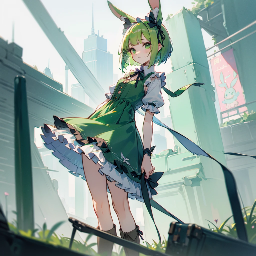 (long Green rabbit ears), green animal ears, (1 girl), green hair, green eyes, bob cut, thin eyebrows, shy, young, alone, Lolita, childhood, child, short, frilled clothing, trunk neck tee, skirt, spats, dress, long boots, hair ribbon, in the city, tiny, baby face, pastel academia, cel anime, Solo,