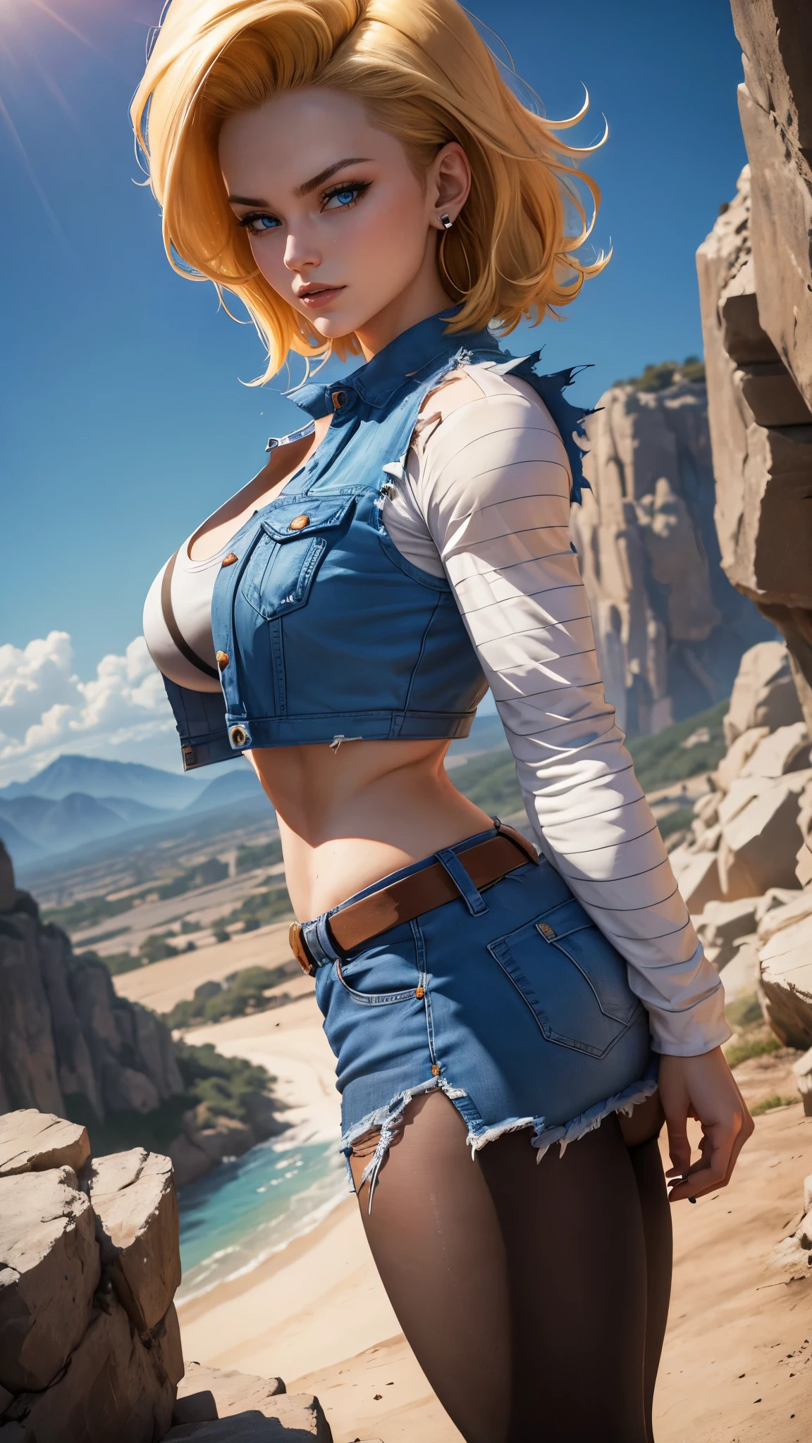 Android 18 da dragon ball,(best qualityer,4K,8k,high resolution,work of art:1.2)(weather: windy), mountain road background, battle ruins, short curly hair, blonde hair, sport bra, stripped sleeves, tight denim skirt, brown boots, denim vest, earrings, pantyhose, flirting pose, ultra detailed,portrait,realistic,beautiful detailed blue eyes, beautiful detailed lips,extremely detailed eye and face, long eyelashes,average, large breasts,flying hair,beaming smile, cute smile,powerful girl, bright coloured, dramatic lighting, torn clothes,