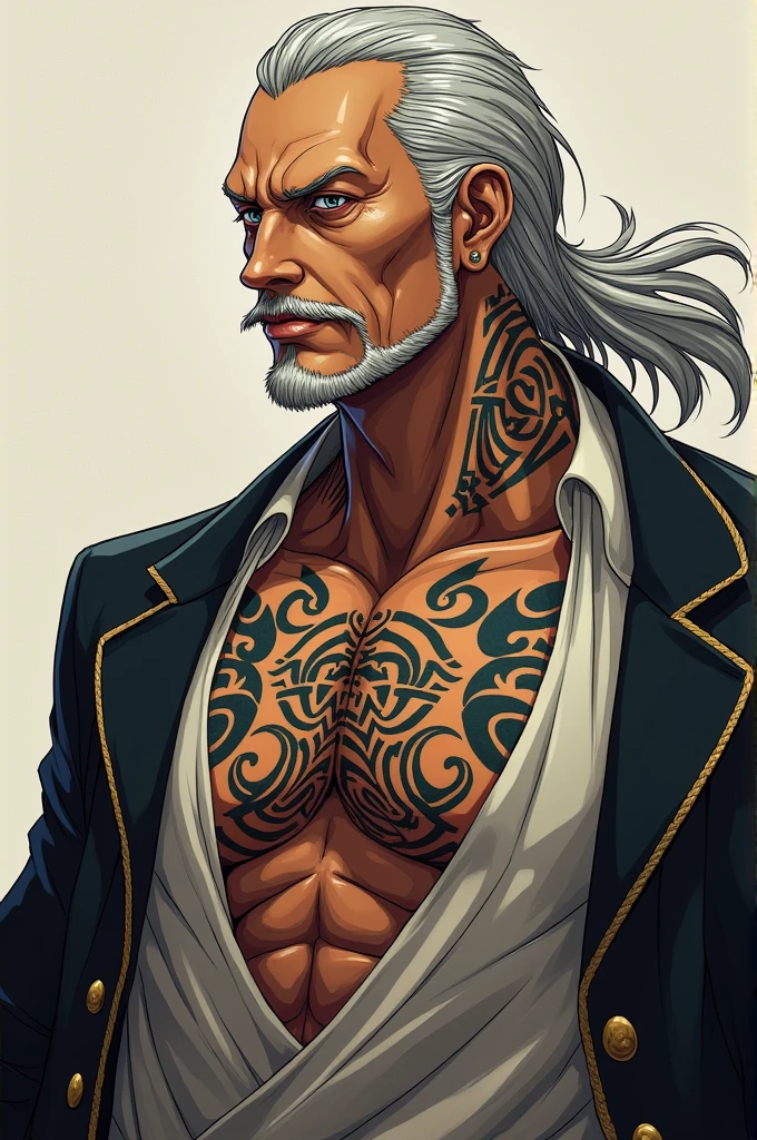 Tall strong man, old man, grey mustache and goatee, long grey hair, cocky smile, shirtless with a white coat, black pants, black gloves, glowing green eyes, tattoos on , white hair, old man
