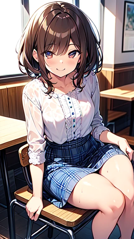 ((Tabletop, Highest quality, High resolution, Hmph, Pixel Perfect, 4K, Hmph, Hmph))), One Girl, single, alone, beauty、The whole body is visible、 ((Mid-wave hair, bangs, Brown Hair)), ((Brown eyes, Beautiful eyelashes, Realistic eyes)), ((Detailed face, Blushing:1.2)), ((Smooth texture:0.75, Realistic texture:0.65, Realistic:1.1, Anime CG Style)), Center of chest, Dynamic Angle, Perfect body, ((Pink good, Black plaid skirt)), classroom、Looking up from below、Very embarrassing panic smile, 、、(The wind flipped up her skirt, Exposing your buttocks....................、On all fours、Her white and pink floral lace panties are completely visible)、My whole body is wet