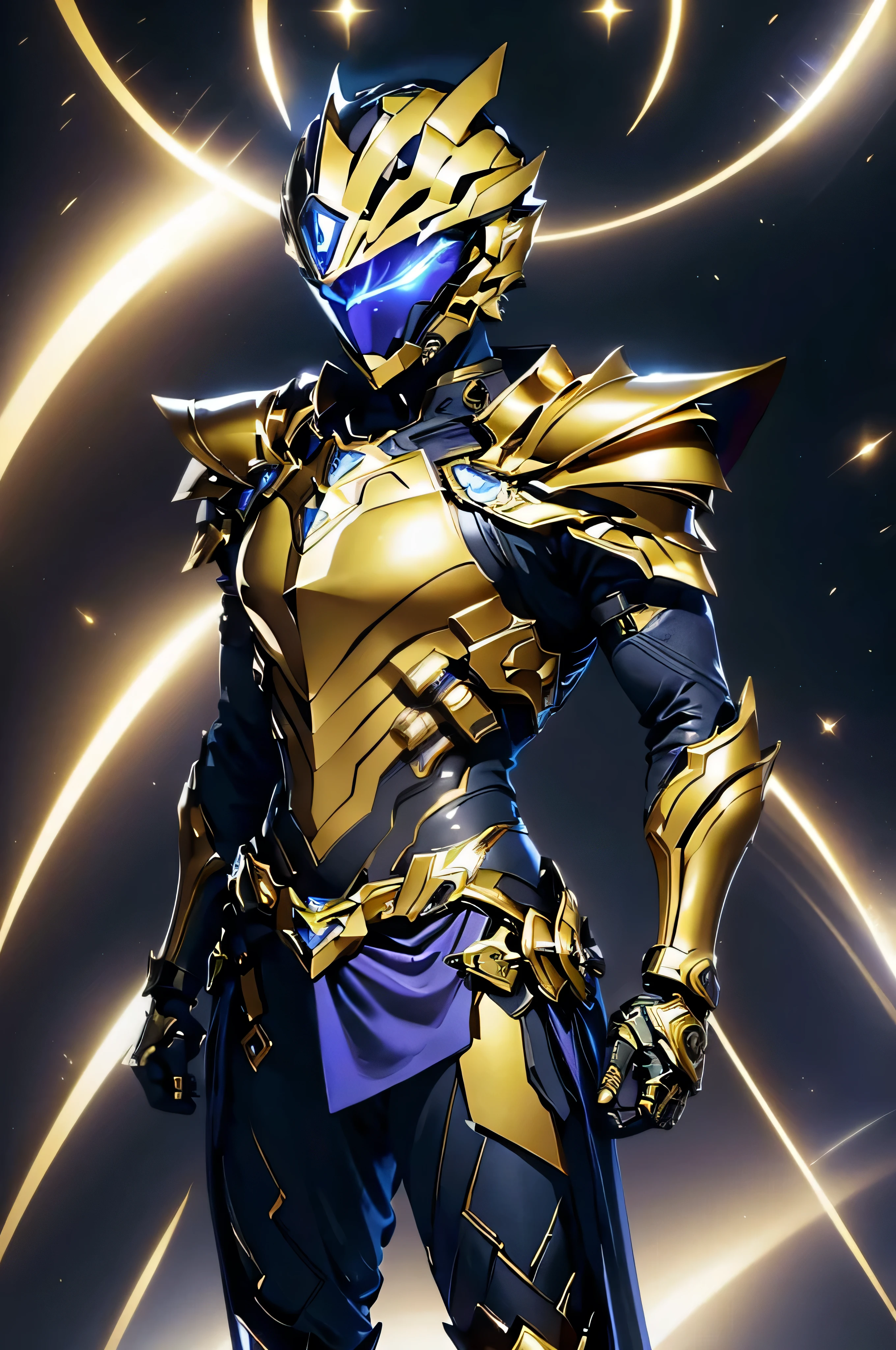 It's a man. The image presents a highly detailed and futuristic armor designed for a male warrior. The armor combines elements from different parts to create a cohesive and powerful look.Helmet: The helmet features a sleek, aerodynamic design with a golden metallic finish. It has a central crest that rises upwards, and the visor glows with a bright blue light, giving it a high-tech, futuristic appearance.Pauldrons (Shoulder Pads): The shoulder pads are close to the chest, with angular lines extending smoothly toward the shoulders. They have a polished golden finish and curve upward, creating a harmonious transition between the chest and shoulders, while providing a majestic and protective look.Chest Plate: The chest plate is intricately segmented, with a combination of gold and dark metallic blue. It has a gem-like crystal in the center that emits a soft, mystical glow. The design is both protective and regal, with sharp, angular lines that add to the overall futuristic aesthetic.Arm Guards: The arm guards are sleek and streamlined, with articulated golden and purple segments that offer flexibility and protection. Their design blends futuristic elements with classic elegance.Leg Armor: The legs are armored with segmented plates, primarily gold and purple. The boots are angular and sturdy, designed for strength and agility. The overall look of the leg armor is grounded yet sleek, completing the ensemble with a powerful stance.High Collar: The armor features a high collar that rises from the back and sides of the neck, tightly encircling the throat. This collar is seamlessly connected to the shoulder pads, enhancing both the protective and aesthetic qualities of the armor.Background: The image is set against a dark cosmic backdrop, filled with distant stars and nebulae, reflecting off the polished surfaces of the armor. Dynamic lighting emphasizes key features like the glowing visor and central chest gem, reinforcing the warrior's imposing, mystical presence.