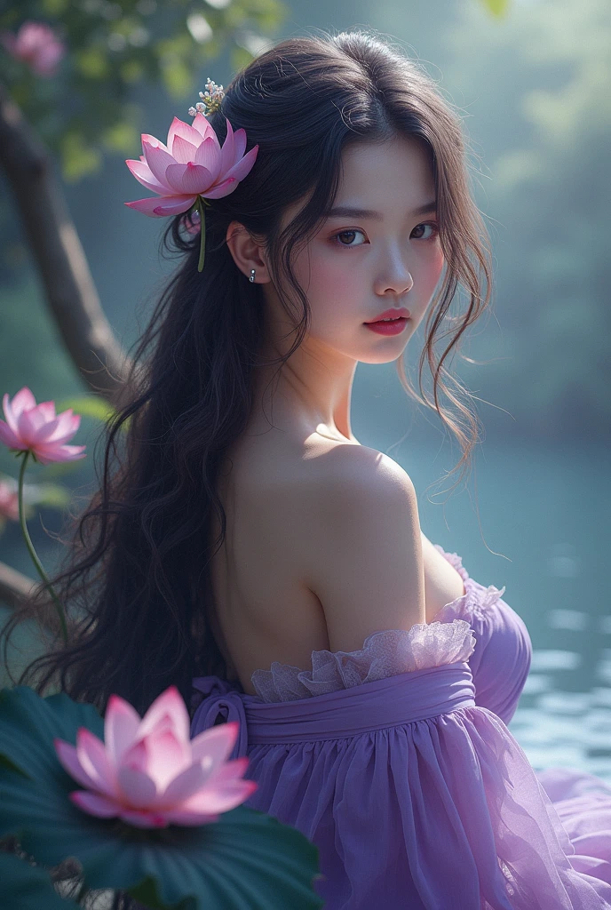 English woman 20 years old,skin fair,sparkling green eyes,dark purple hair,wearing a long purple transparent dress,stepped on several lotuses,She is serene,enarioposes,make-up,cinema image,品質,full body images,detailed,full body image,high resolution,Tuuli,tudo ao Tuuli,purple lighting